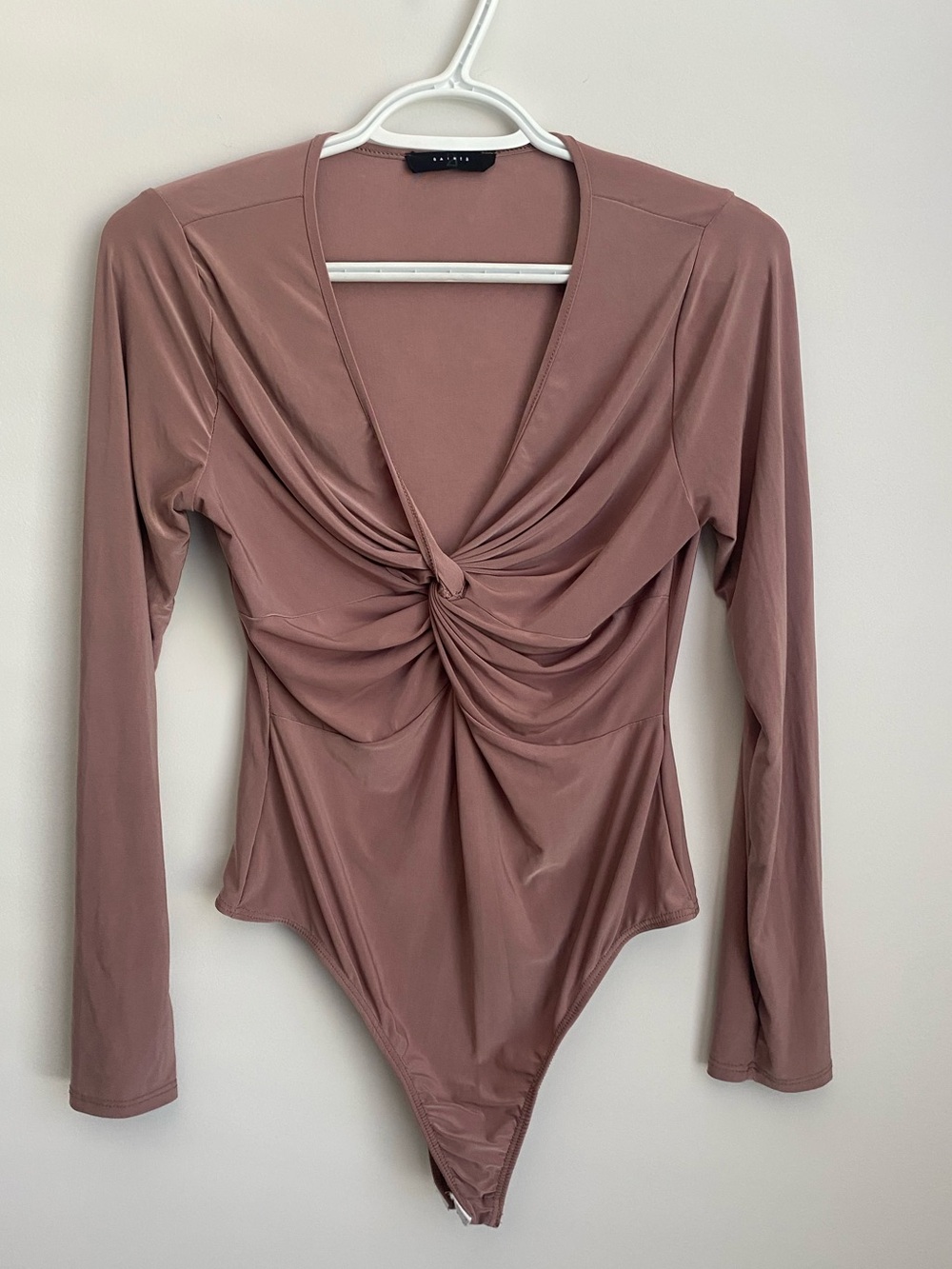Ruched Knot-Front Long Sleeve Bodysuit - Mauve